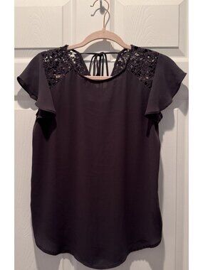 LOFT Gray Lace Shoulder Flutter Sleeve Blouse Tie Back Top Size S